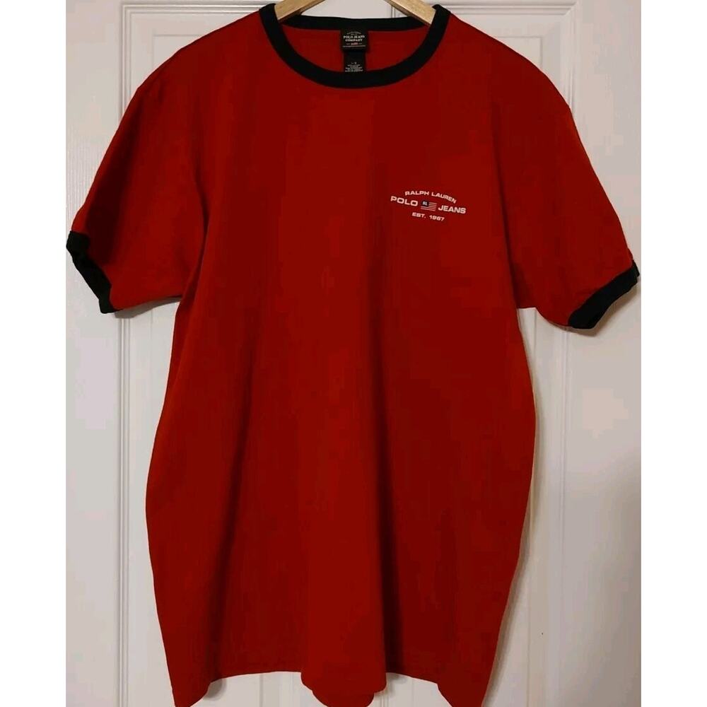Men's Vintage Polo Jeans Co. T Shirt Red Ralph Lauren Ringer 90s Logo - Large